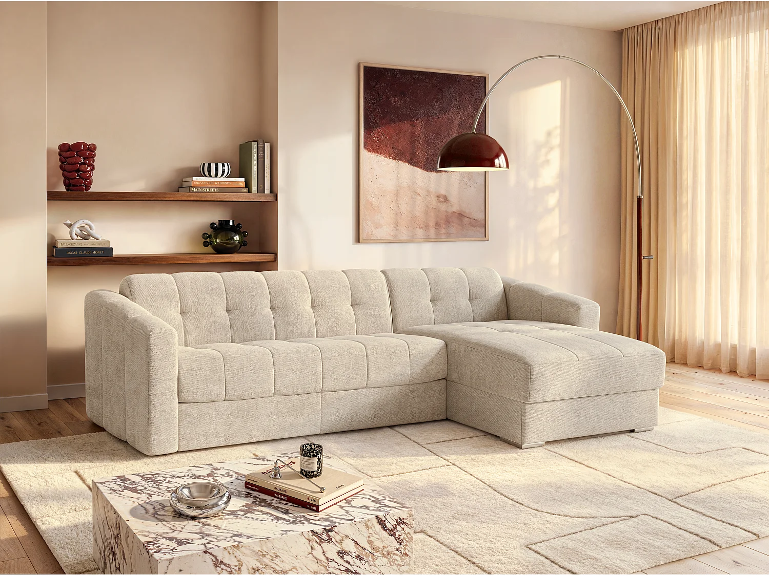 Eckschlafsofa mit Matratze - Strukturstoff - Beige - Liegefläche 140 cm - Matratze 22 cm mit Memory Schaum