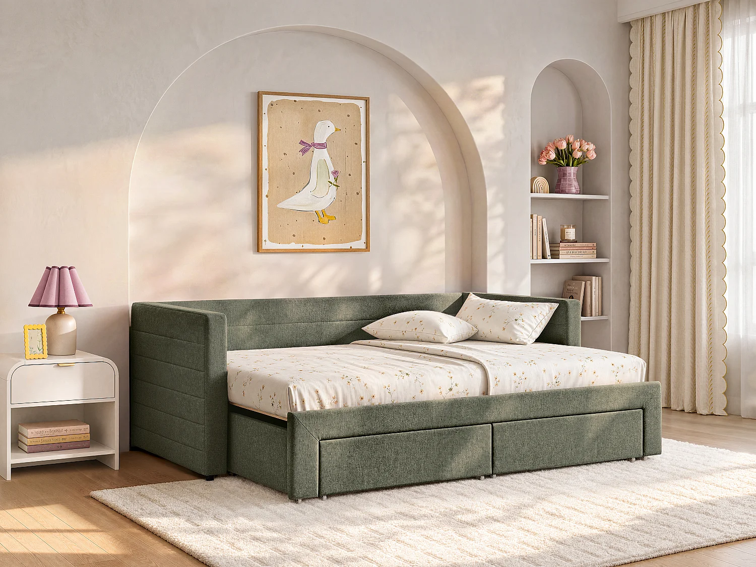 Ausziehbett 2 x 80 x 200 cm mit Lattenrost und Schubladen aus grünem Strukturstoff