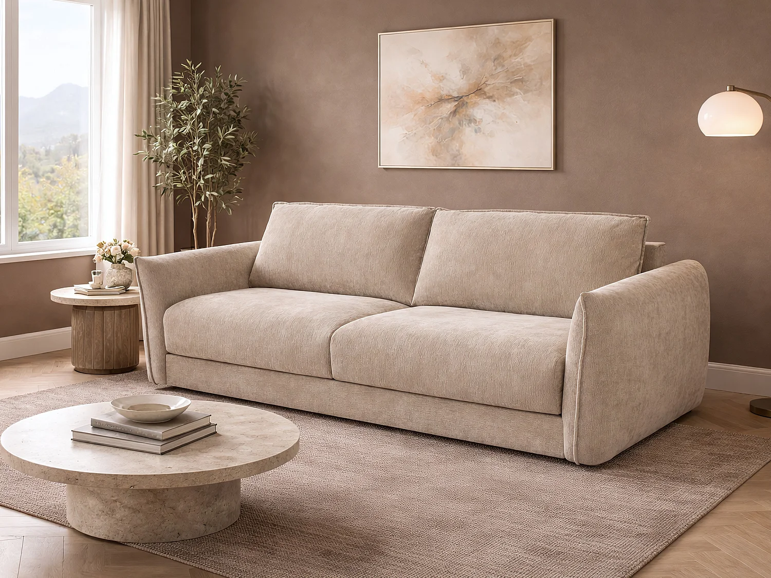 3-Sitzer Schlafsofa mit Schnellverstellung aus strukturiertem Beige-Stoff