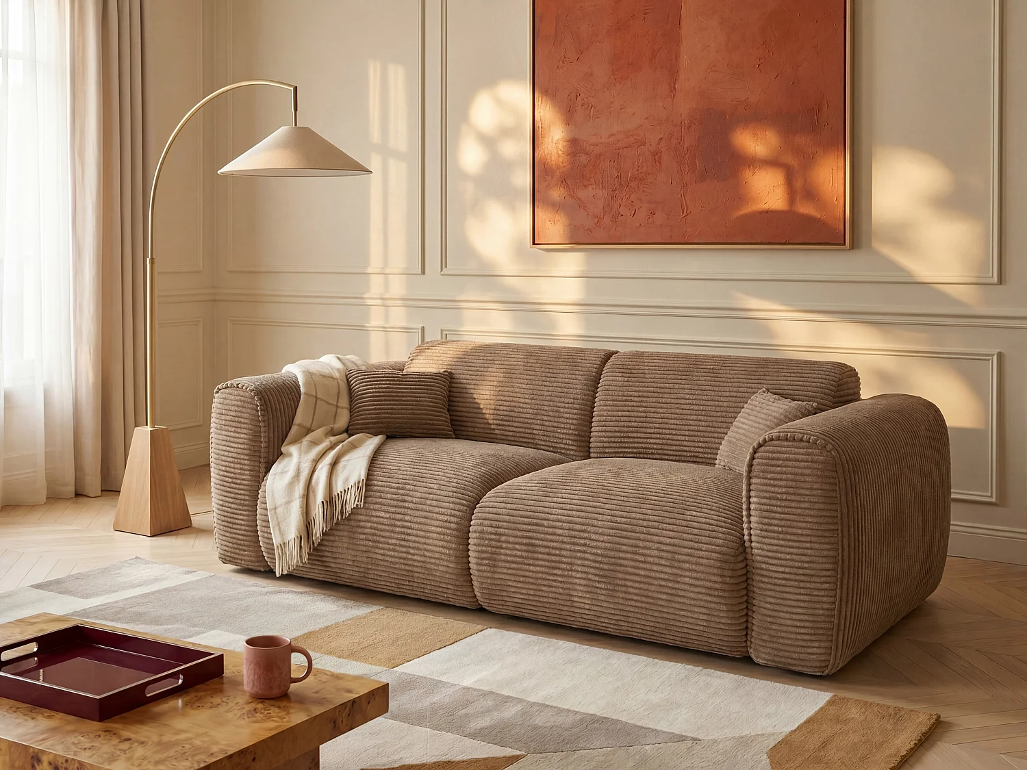 3-Sitzer Schlafsofa Express 140 cm aus taupefarbenem Breitcord-Samt