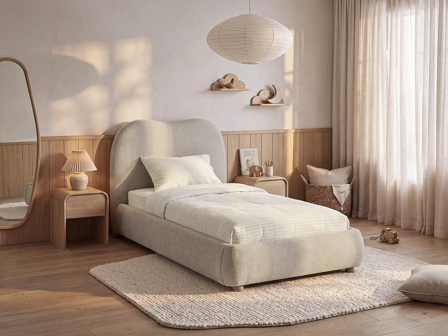 Bett mit Bettkasten 90 x 200 cm aus Stoff in der Farbe Beige