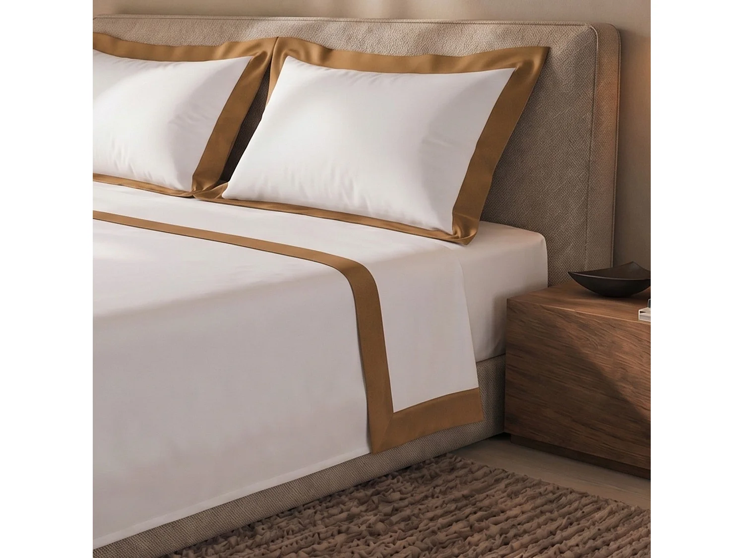 Bettwäsche-Set Doppelbett 100% Baumwolle mit Satin-Bordüre Beige